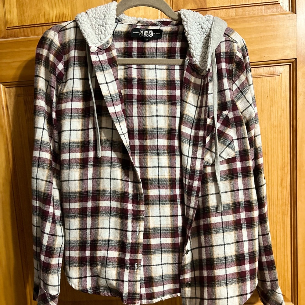 Plaid button up shirt with sherpa lined hood